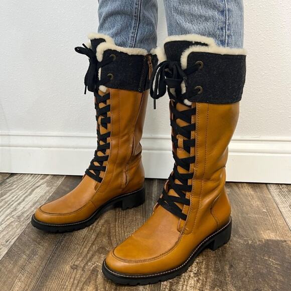 Cole Hann Henson Tall Leather Boots Camel Sherling Lace Up Lug Sole Size 6 1/2 - Picture 2 of 13